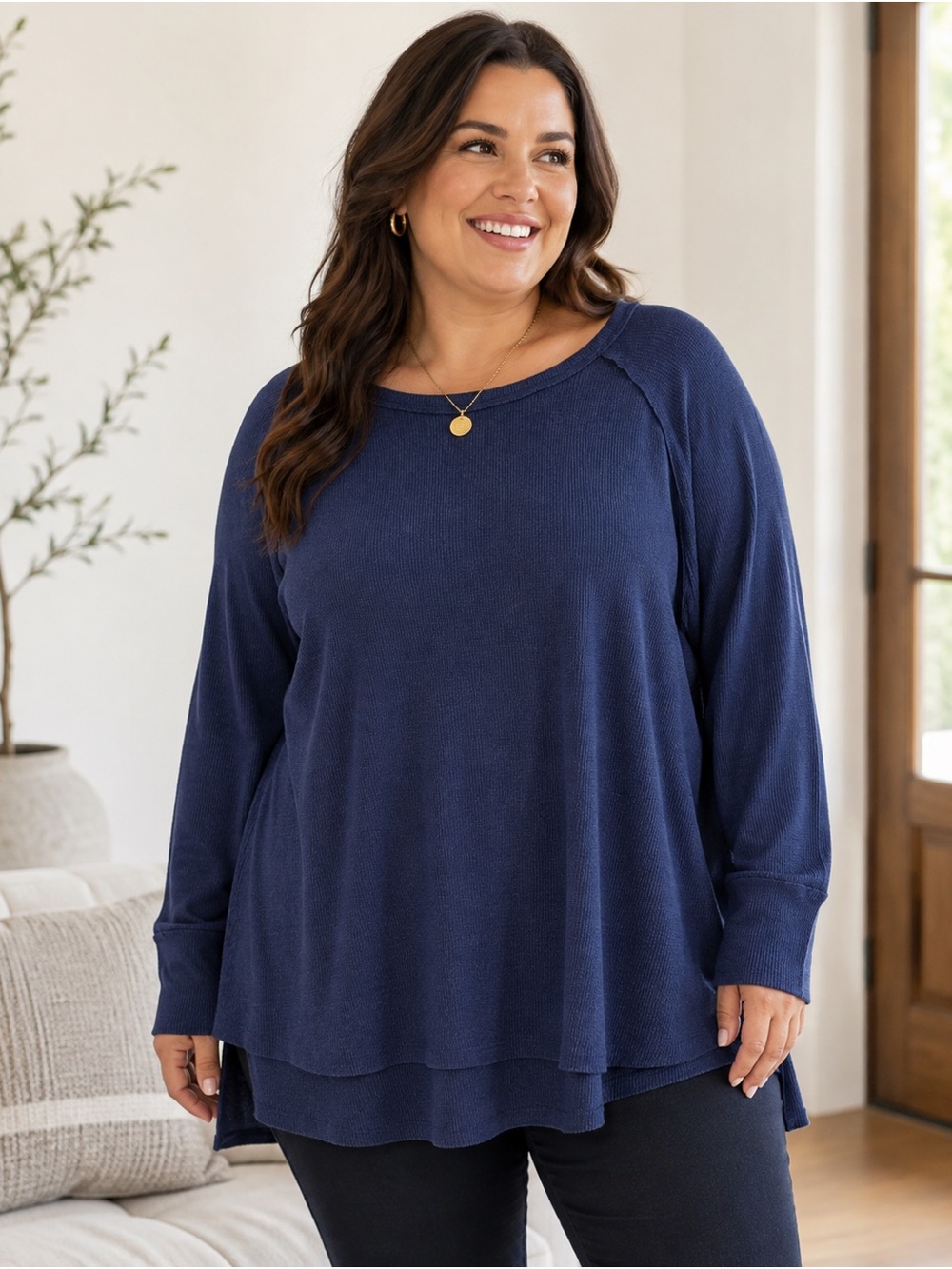 Zenana 2X Navy Blue Waffle Knit Oversized Long Sleeve Tunic Top Cozy Minimalist